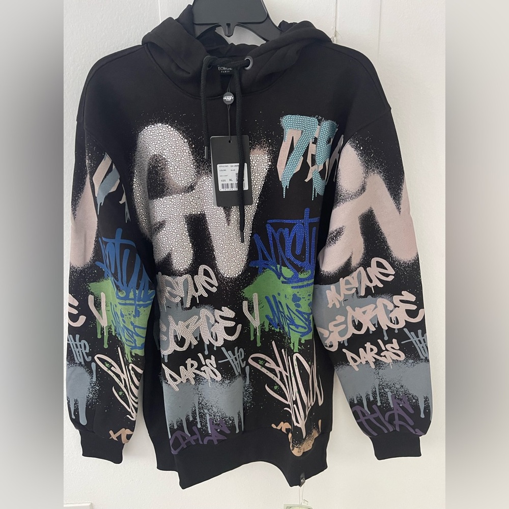 Avenue George V Paris Black Hoodie Men’s sweatshirt GV logo Rhinestone M NWT
